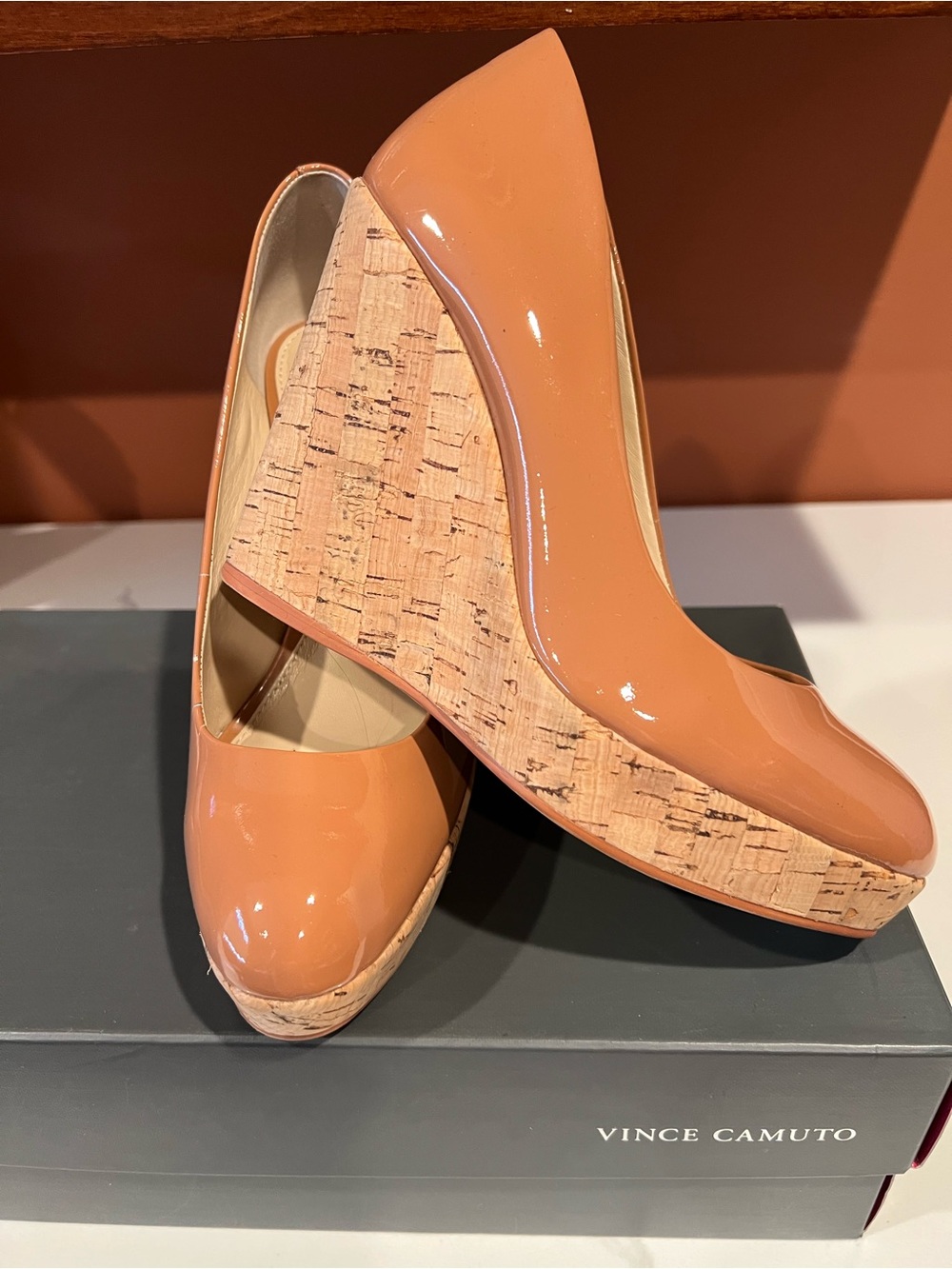 Vince Camuto nude Patent Cork Wedge Pumps